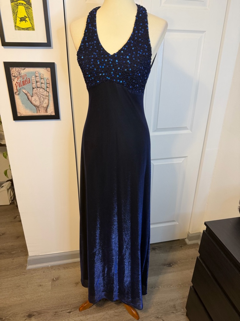 Vintage 90’s Betsy and Adam Blue Metallic Sequin Halter Evening Dress